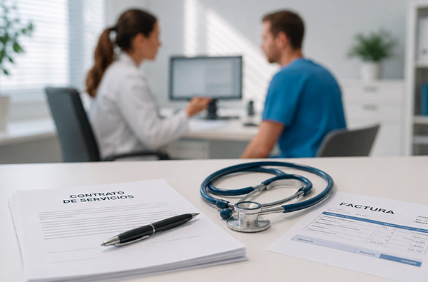 Consulta mèdica amb documents sobre falsos autònoms en una clínica.